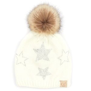 C.C Kids Star Rhinestone Beanie W. Faux Fur Pom